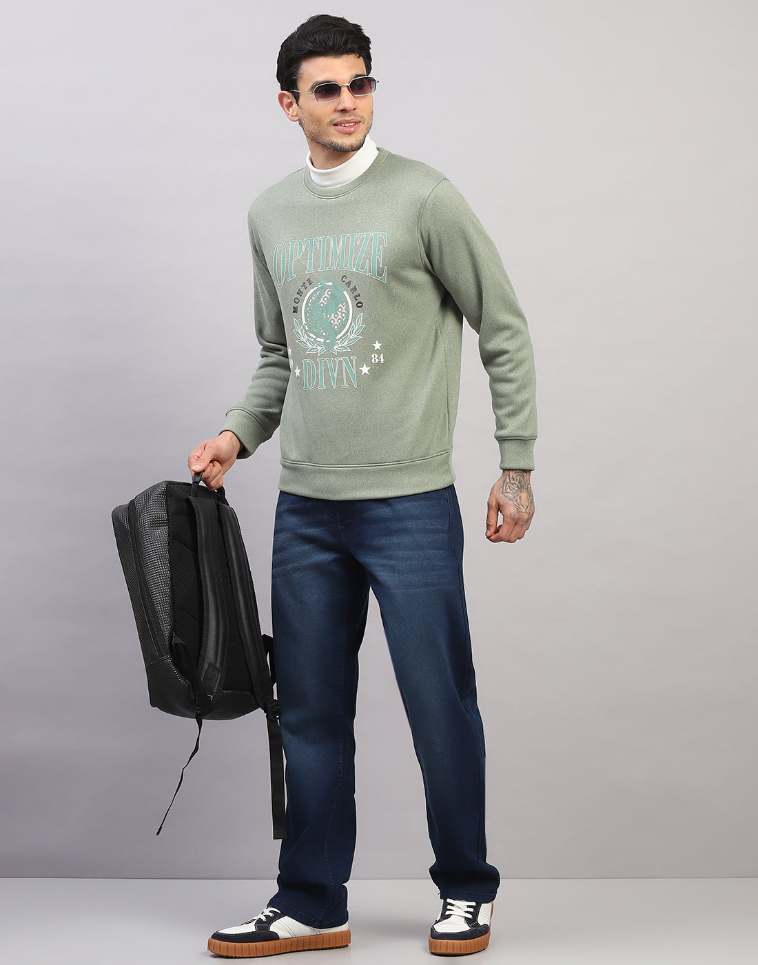 Men Green Printed Round Neck Full Sleeve Sweatshirt