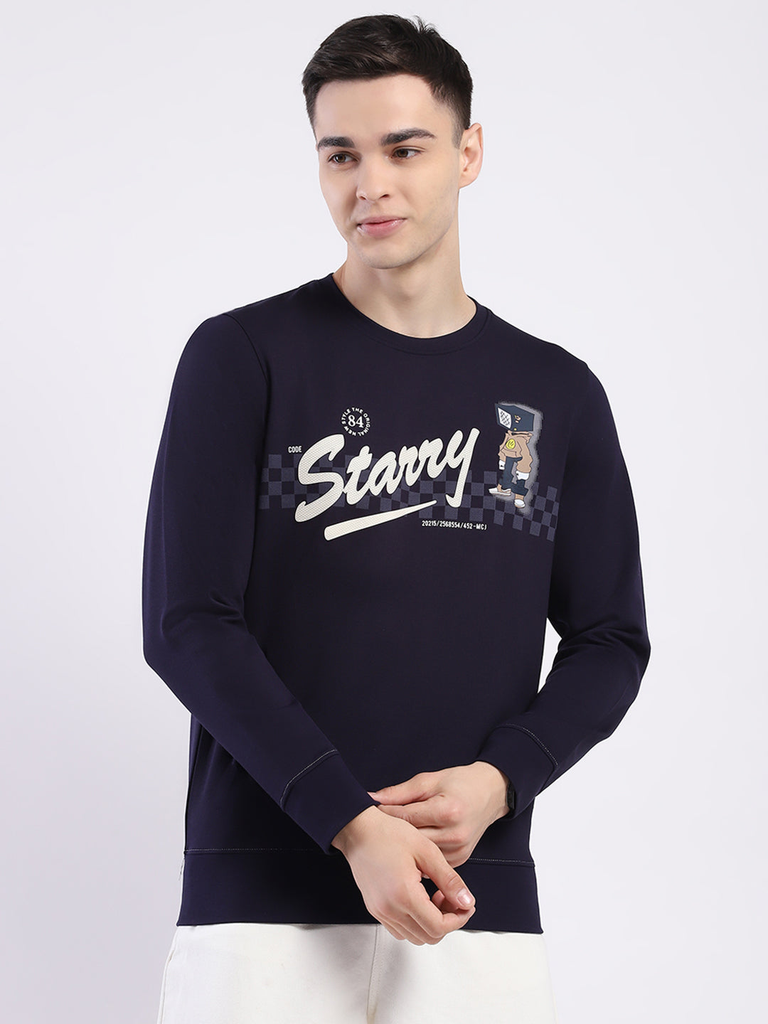 Men Navy Blue Printed Round Neck Full Sleeve Sweatshirt