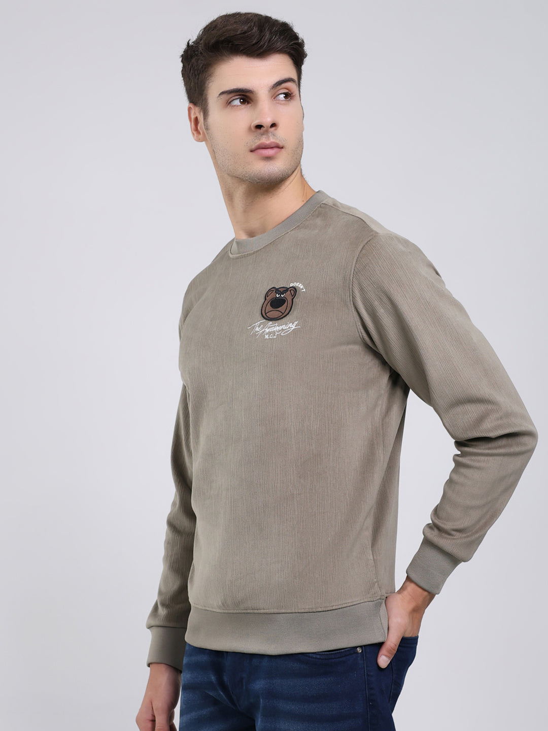 Men Olive Printed Round Neck Full Sleeve Sweatshirt