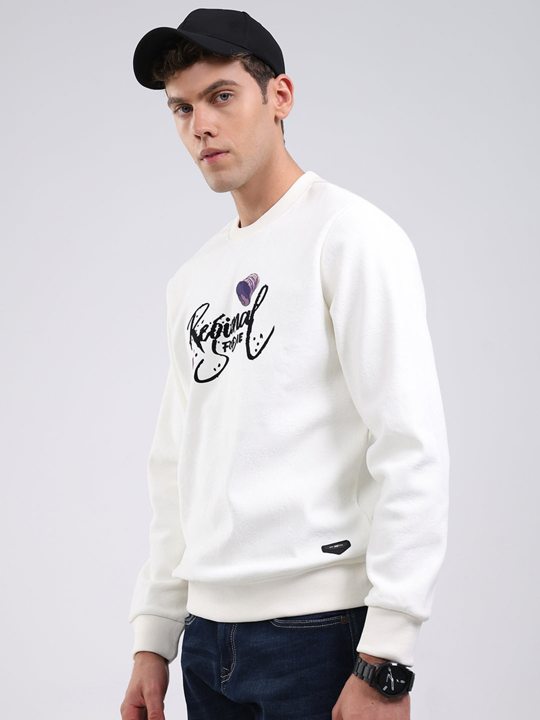 Men Off White Printed Round Neck Full Sleeve Sweatshirt -Super Soft & Extra Warm (Bonded Fabric)
