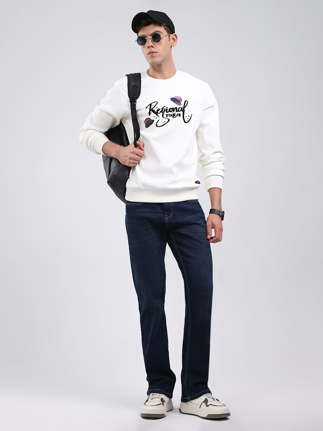 Men Off White Printed Round Neck Full Sleeve Sweatshirt -Super Soft & Extra Warm (Bonded Fabric)