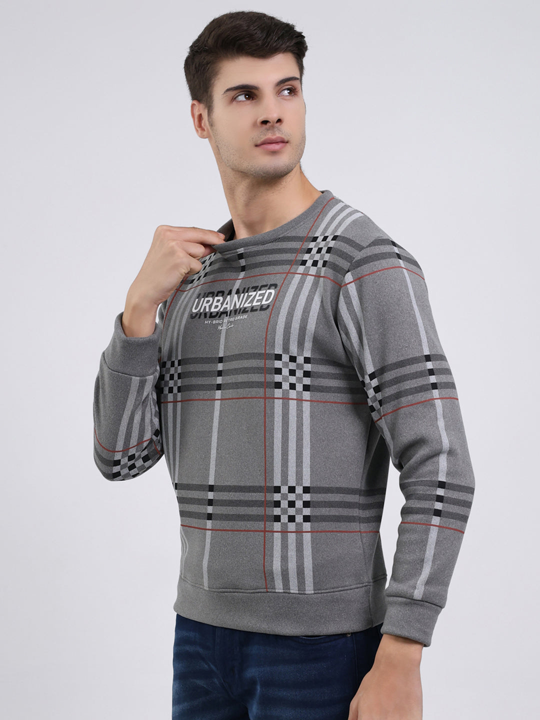 Men Charcoal Printed Round Neck Full Sleeve Sweatshirt