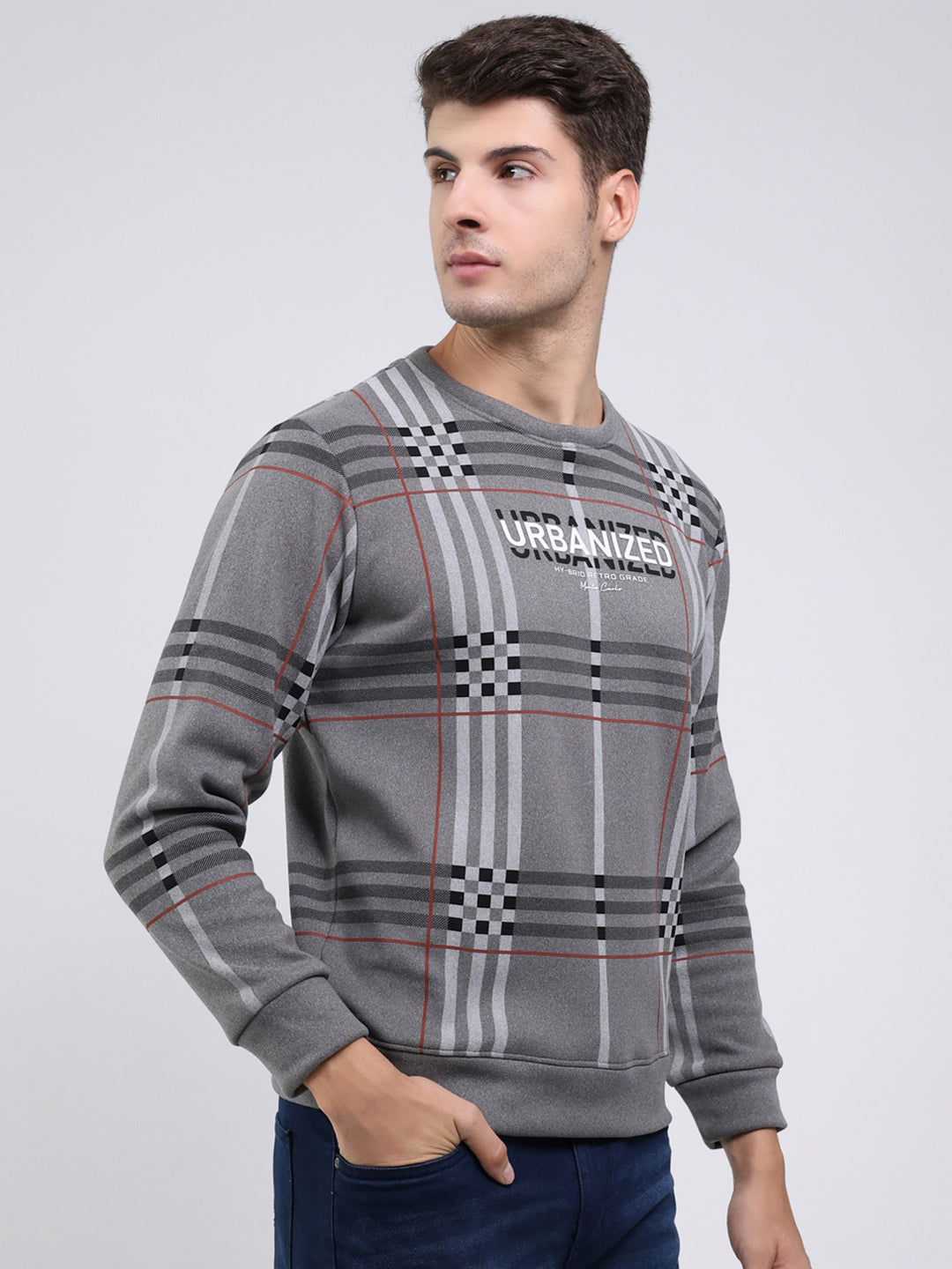 Men Charcoal Printed Round Neck Full Sleeve Sweatshirt