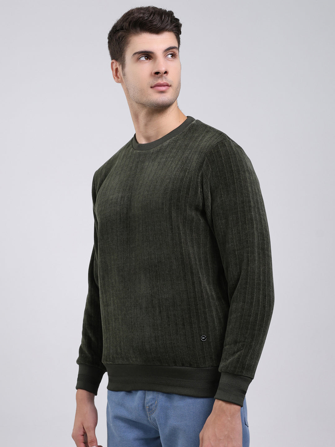 Men Green Self Design Round Neck Full Sleeve Sweatshirt