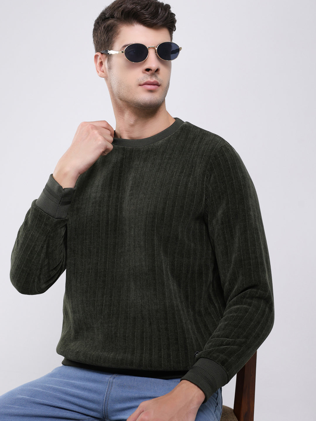 Men Green Self Design Round Neck Full Sleeve Sweatshirt