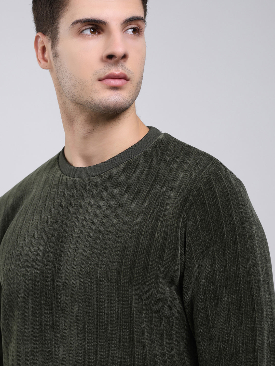 Men Green Self Design Round Neck Full Sleeve Sweatshirt