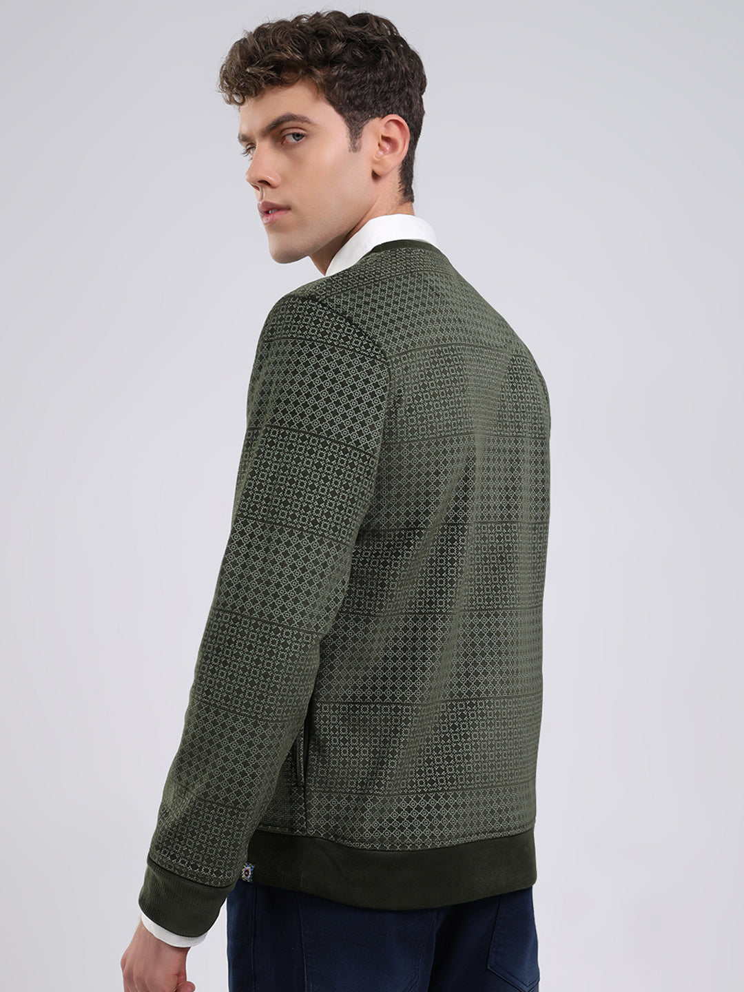 Men Olive Printed Round Neck Full Sleeve Sweatshirt