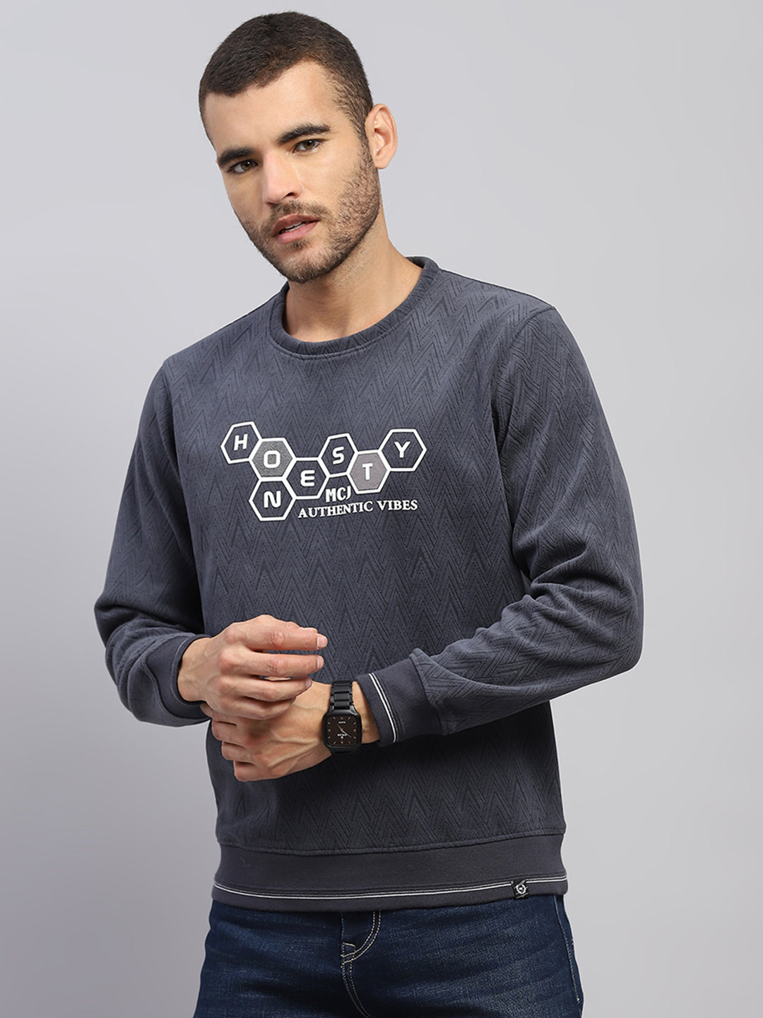 Men Grey Printed Round Neck Full Sleeve Sweatshirt