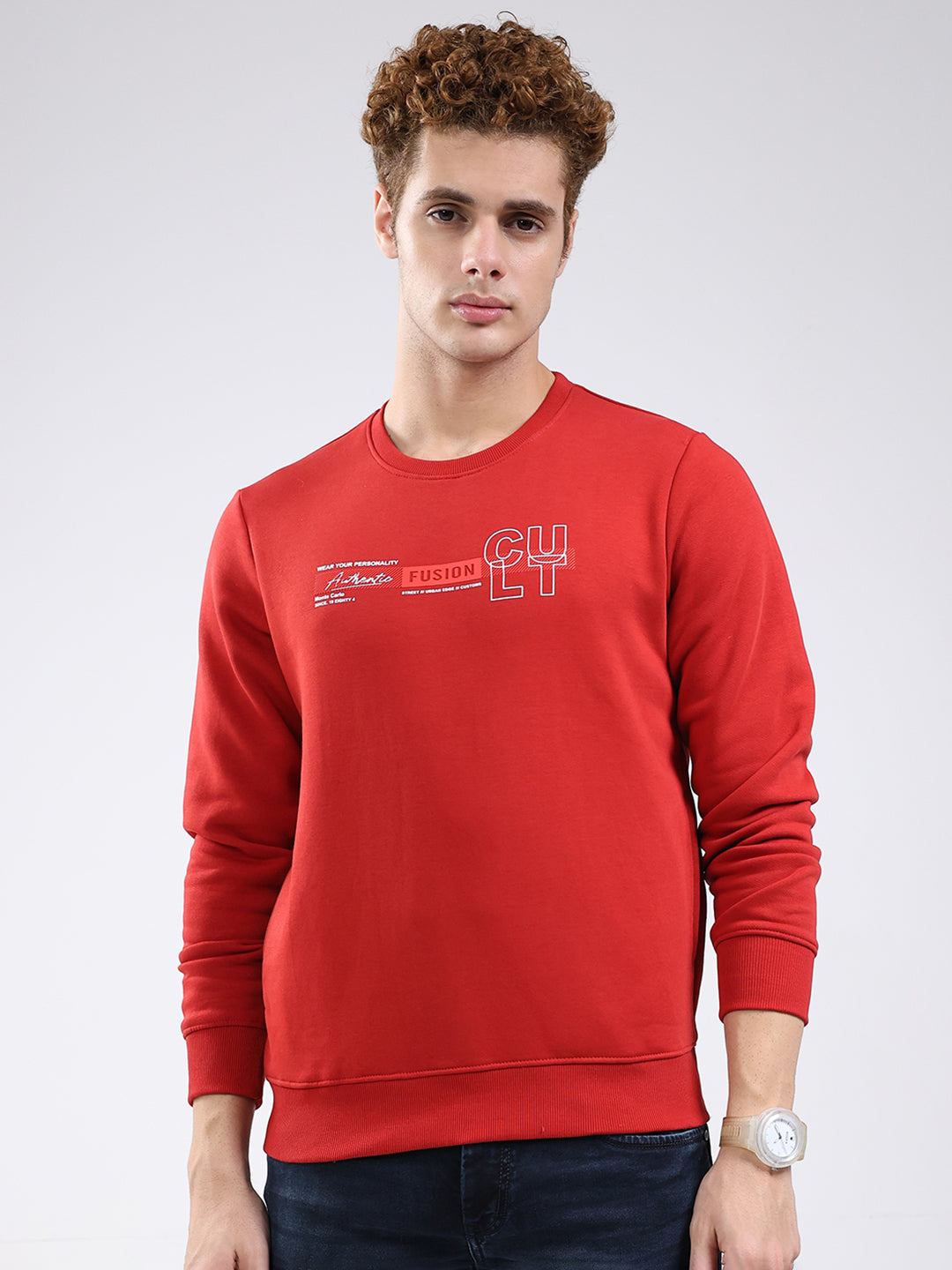 Men Red Solid Round Neck Full Sleeve Sweatshirt