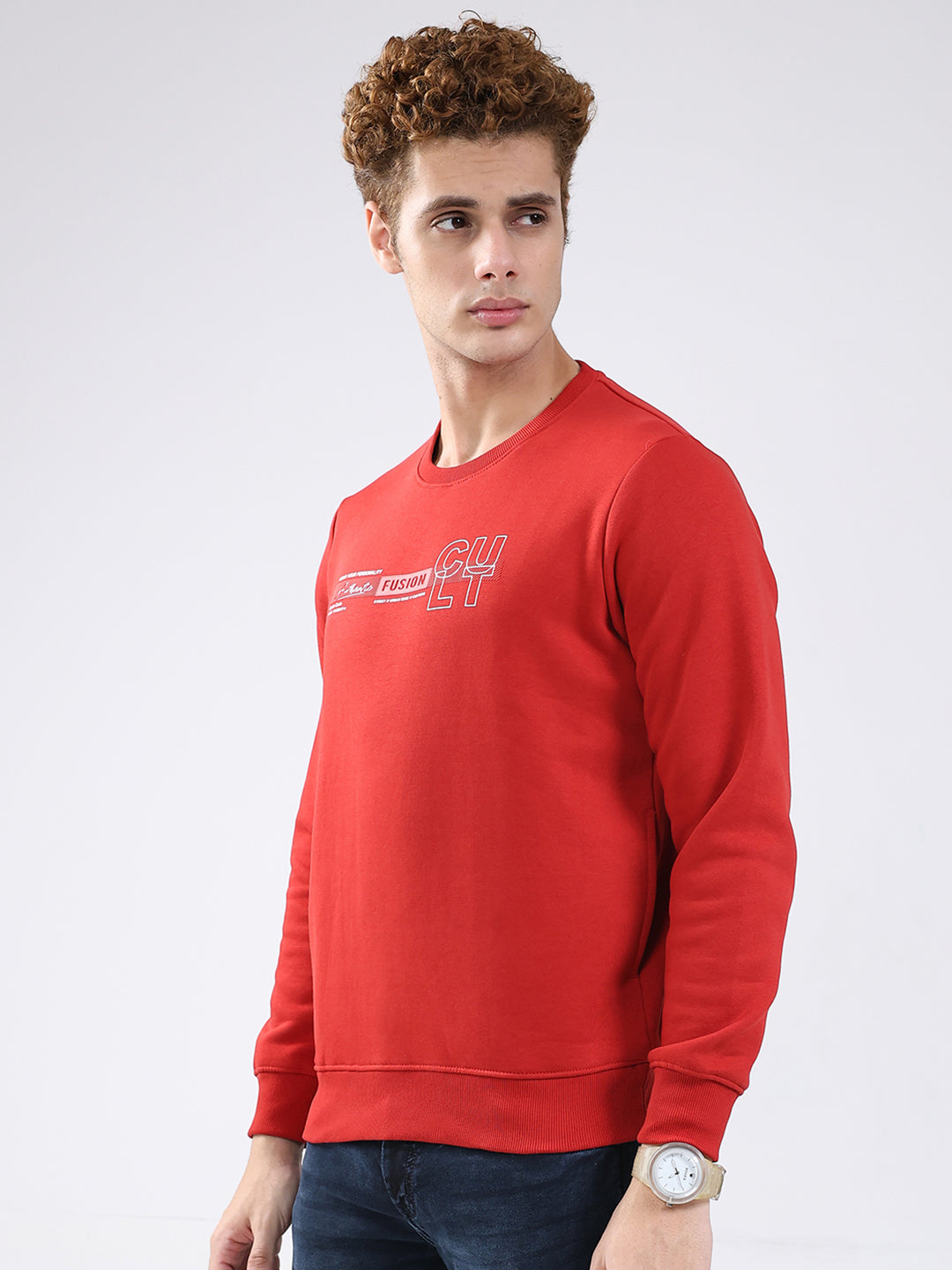 Men Red Solid Round Neck Full Sleeve Sweatshirt