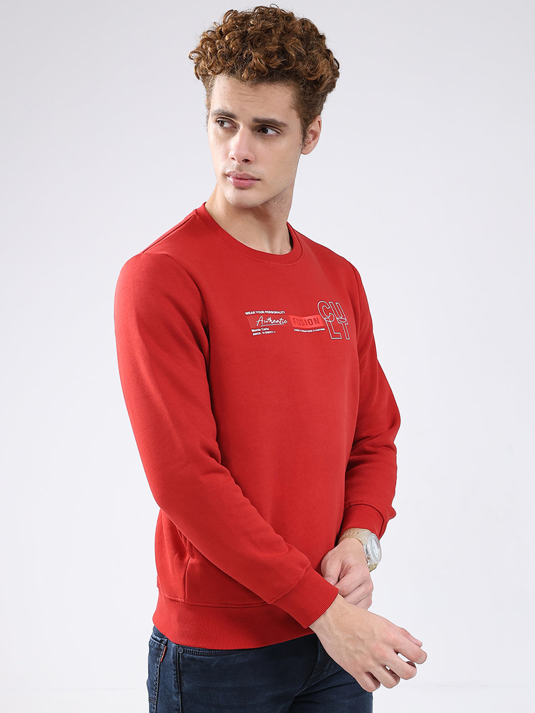 Men Red Solid Round Neck Full Sleeve Sweatshirt