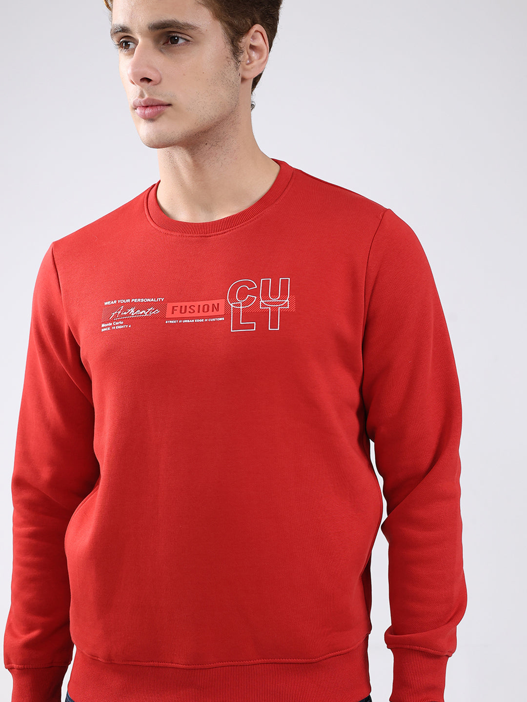 Men Red Solid Round Neck Full Sleeve Sweatshirt