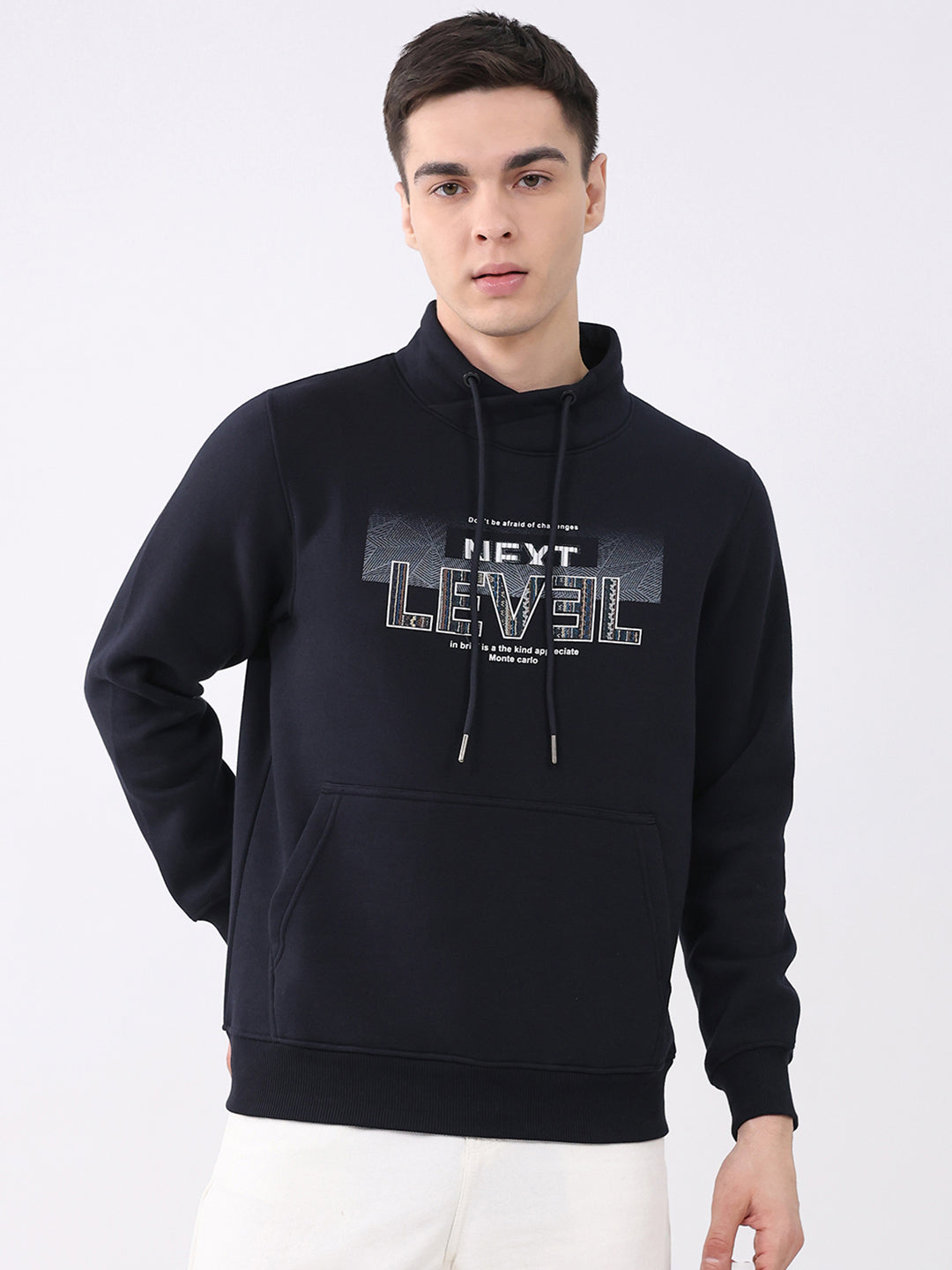 Men Navy Blue Printed Mock Neck Full Sleeve Sweatshirt