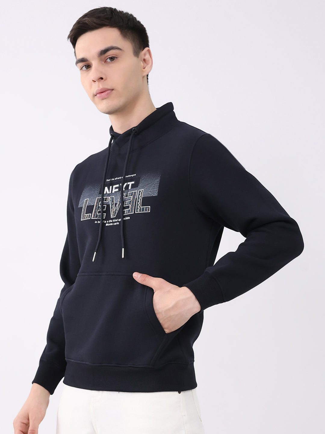 Men Navy Blue Printed Mock Neck Full Sleeve Sweatshirt