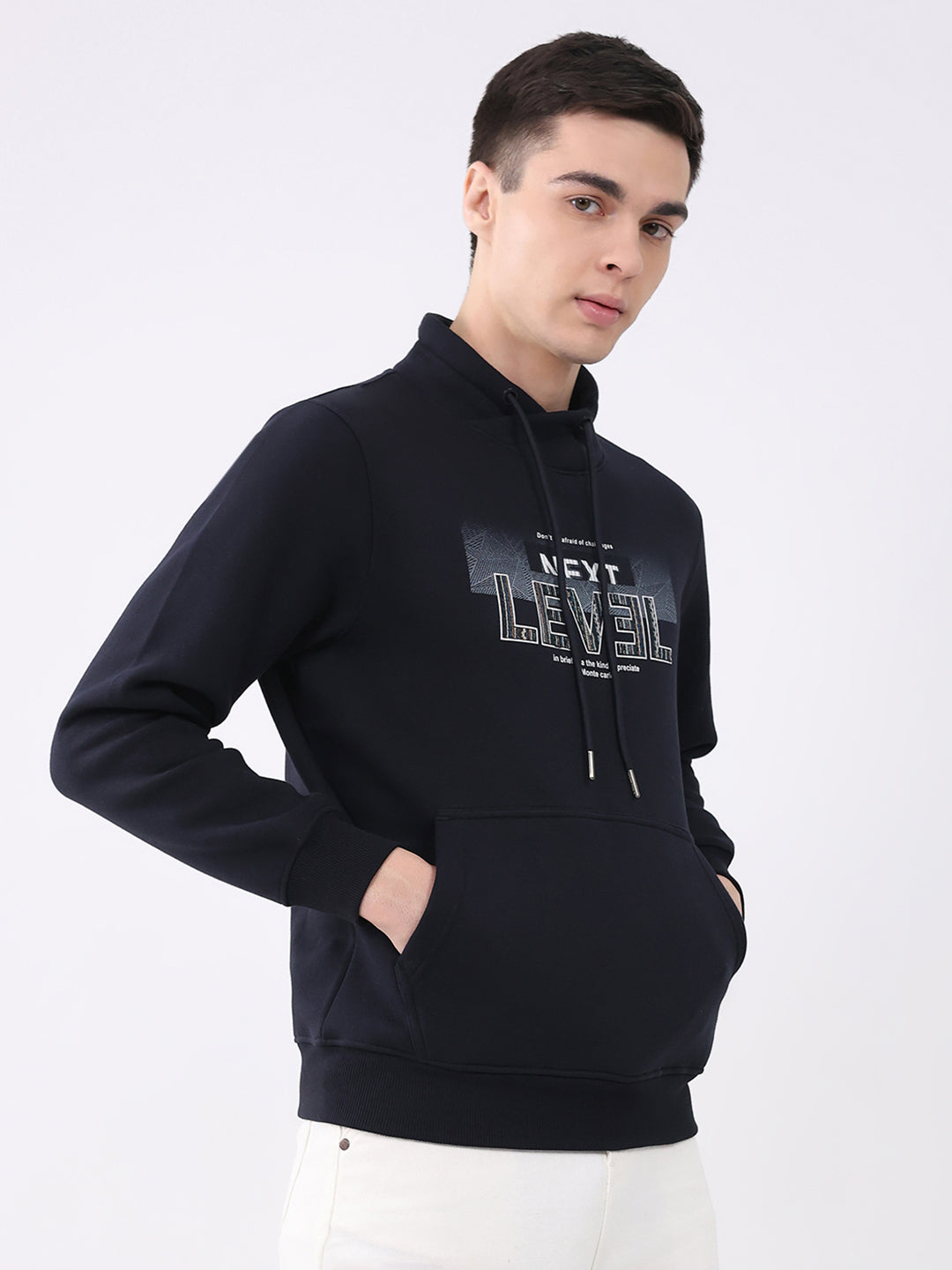 Men Navy Blue Printed Mock Neck Full Sleeve Sweatshirt