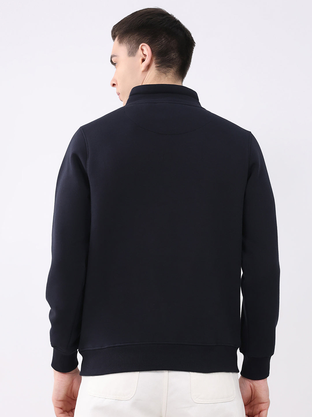 Men Navy Blue Printed Mock Neck Full Sleeve Sweatshirt