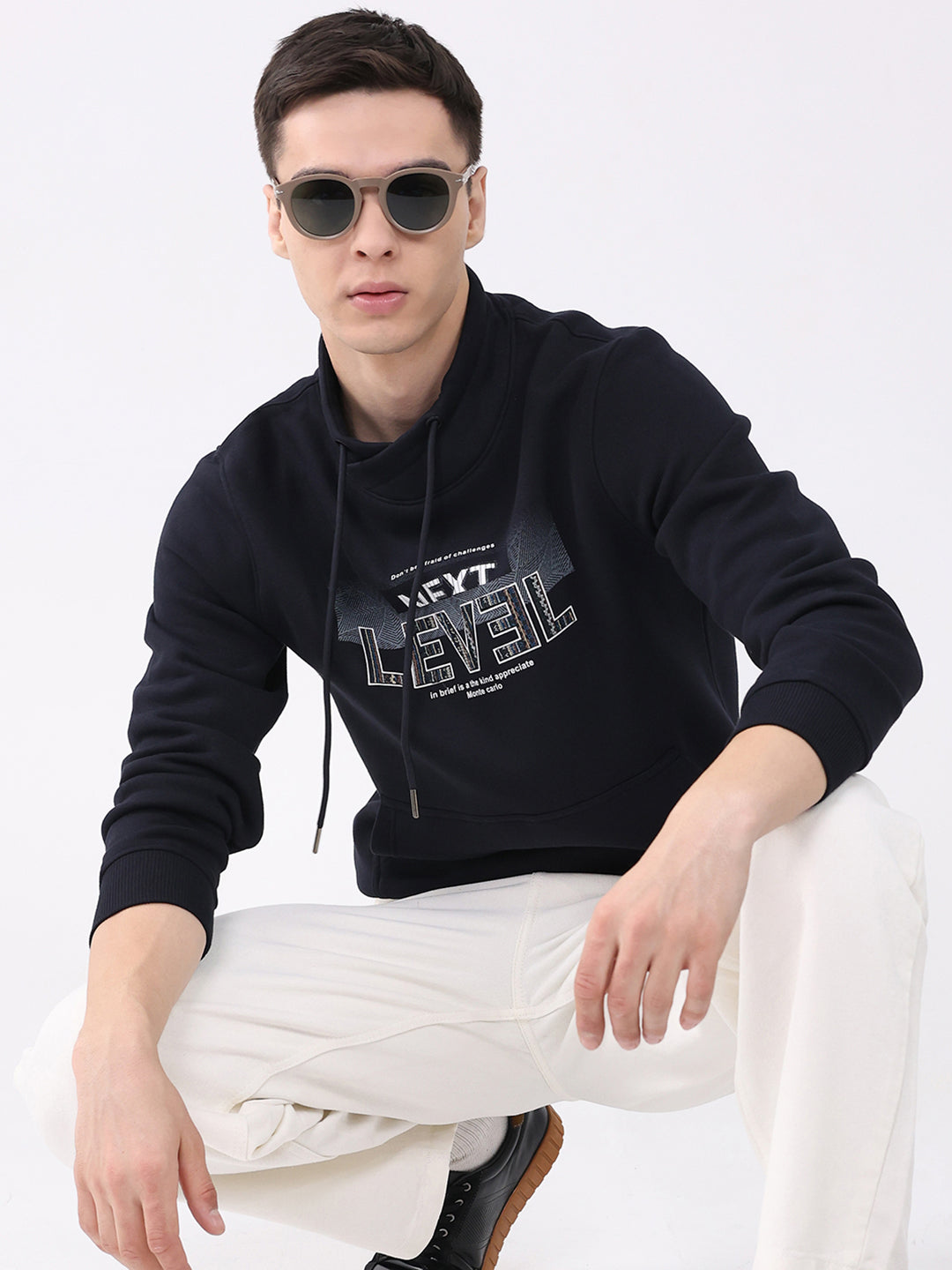 Men Navy Blue Printed Mock Neck Full Sleeve Sweatshirt