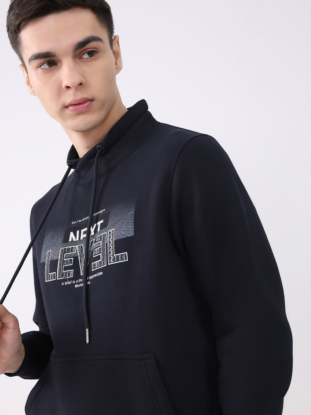 Men Navy Blue Printed Mock Neck Full Sleeve Sweatshirt
