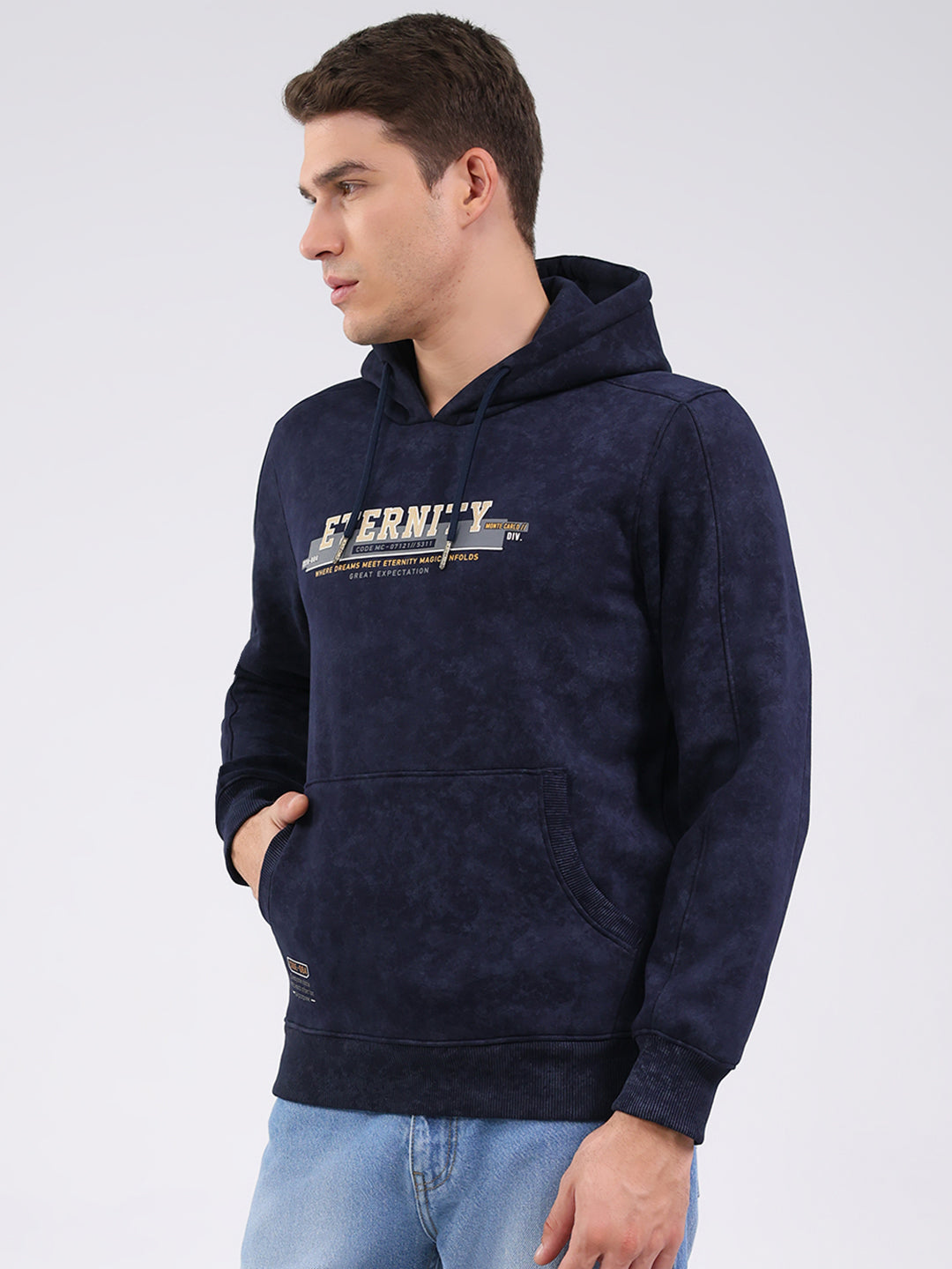 Men Navy Blue Printed Hooded Full Sleeve Sweatshirt