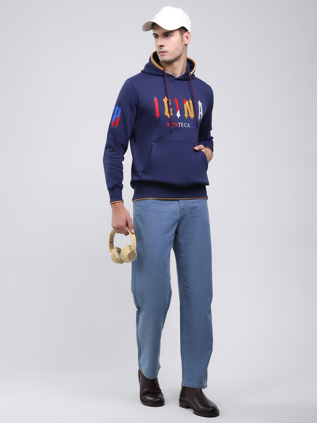 Men Blue Printed Hooded Full Sleeve Sweatshirt