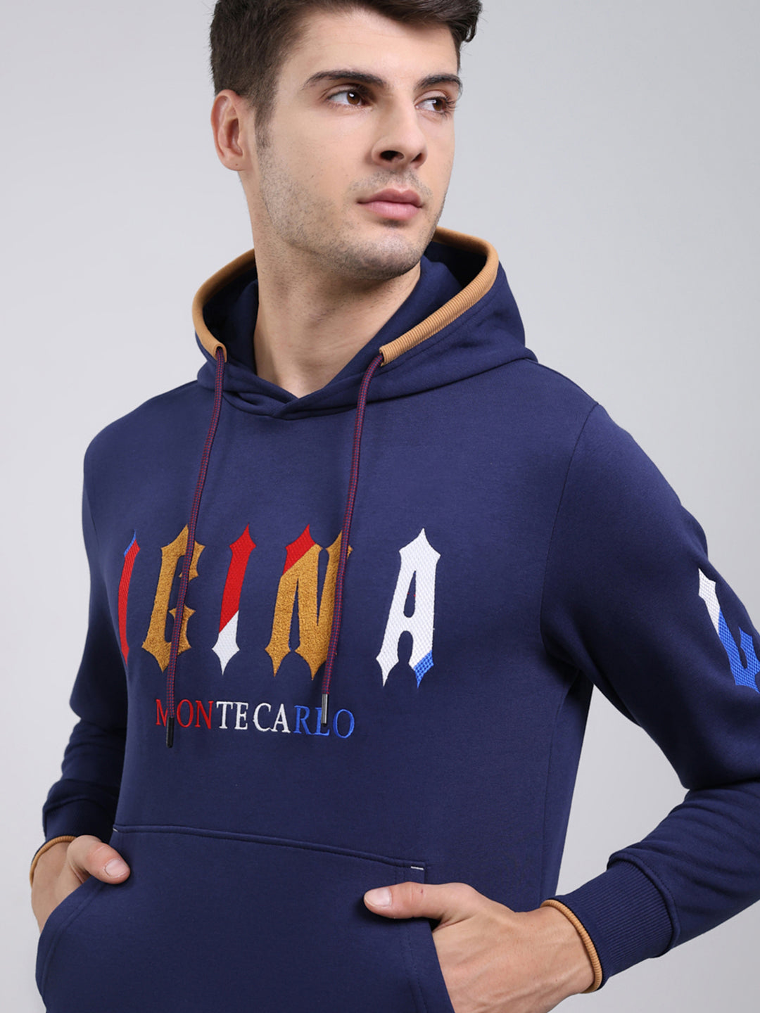 Men Blue Printed Hooded Full Sleeve Sweatshirt