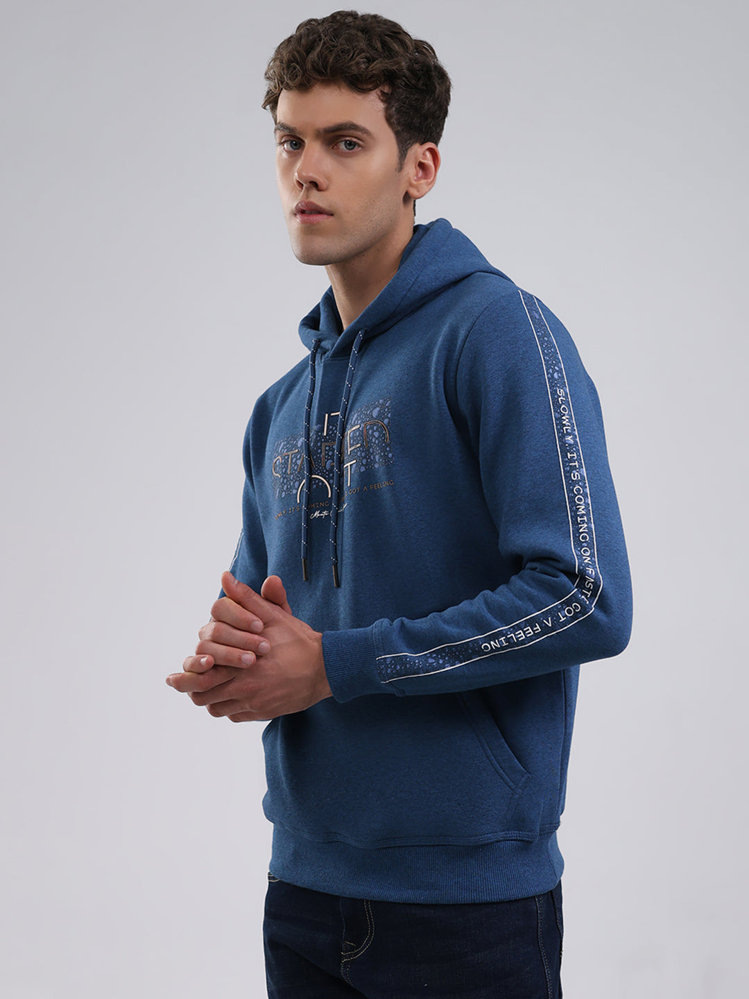 Men Teal Blue Solid Hooded Full Sleeve Sweatshirt