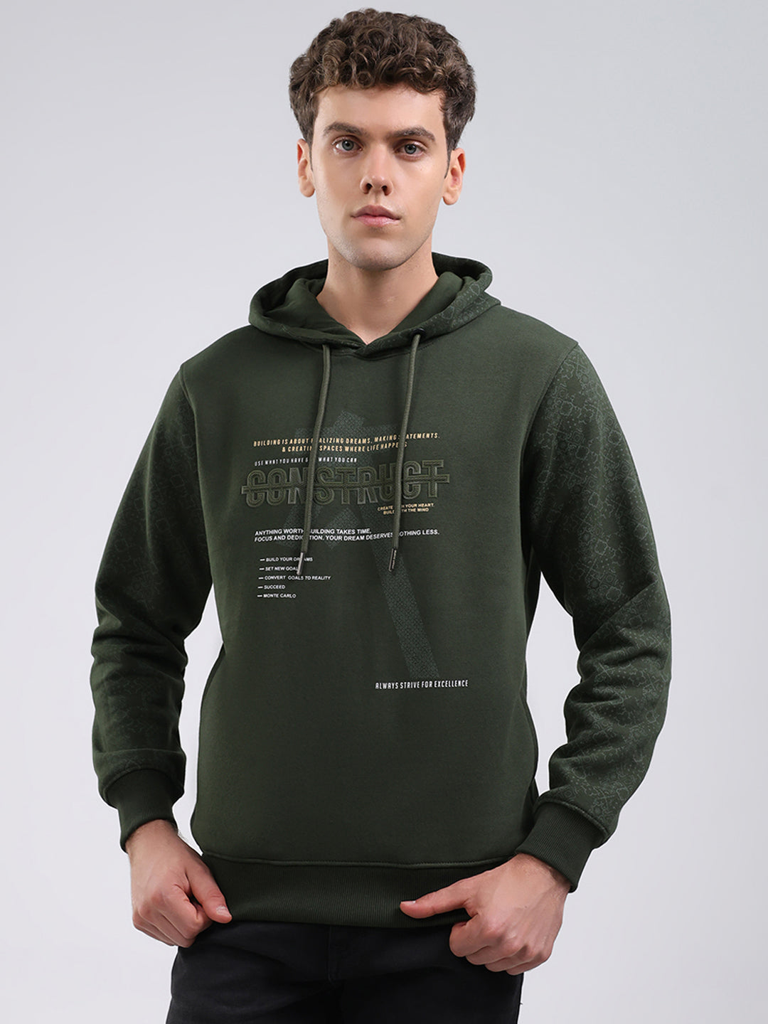 Men Olive Solid Hooded Full Sleeve Sweatshirt