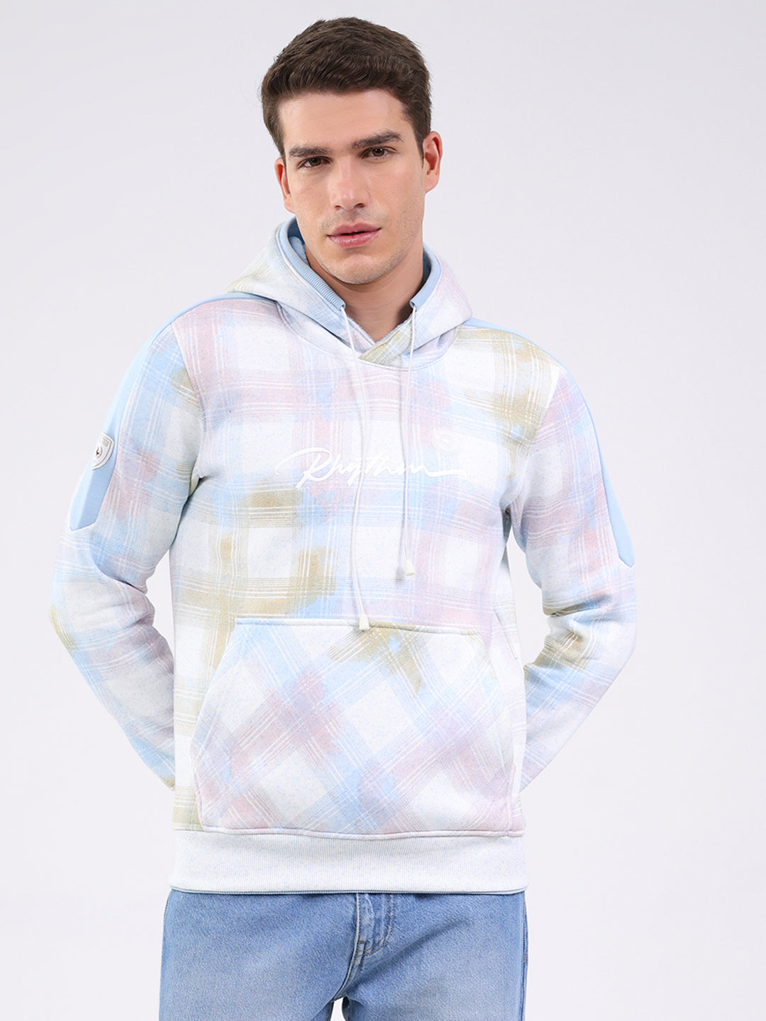 Men White & Blue Printed Hooded Full Sleeve Sweatshirt