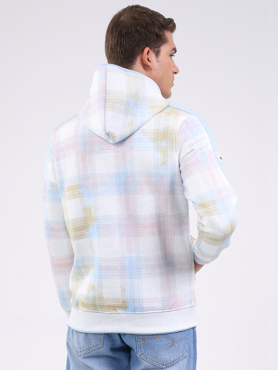 Men White & Blue Printed Hooded Full Sleeve Sweatshirt