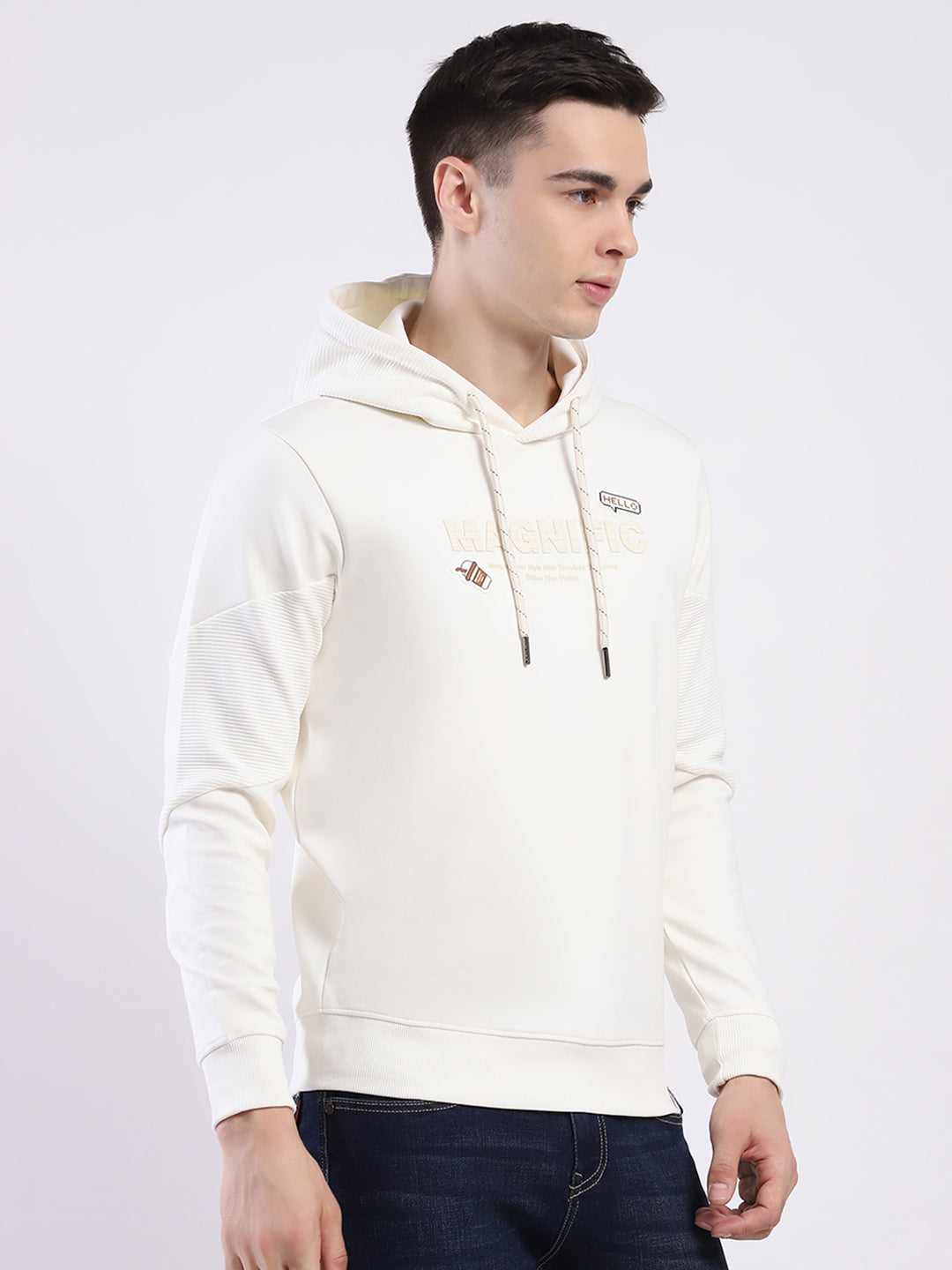 Men Off White Printed Hooded Full Sleeve Sweatshirt