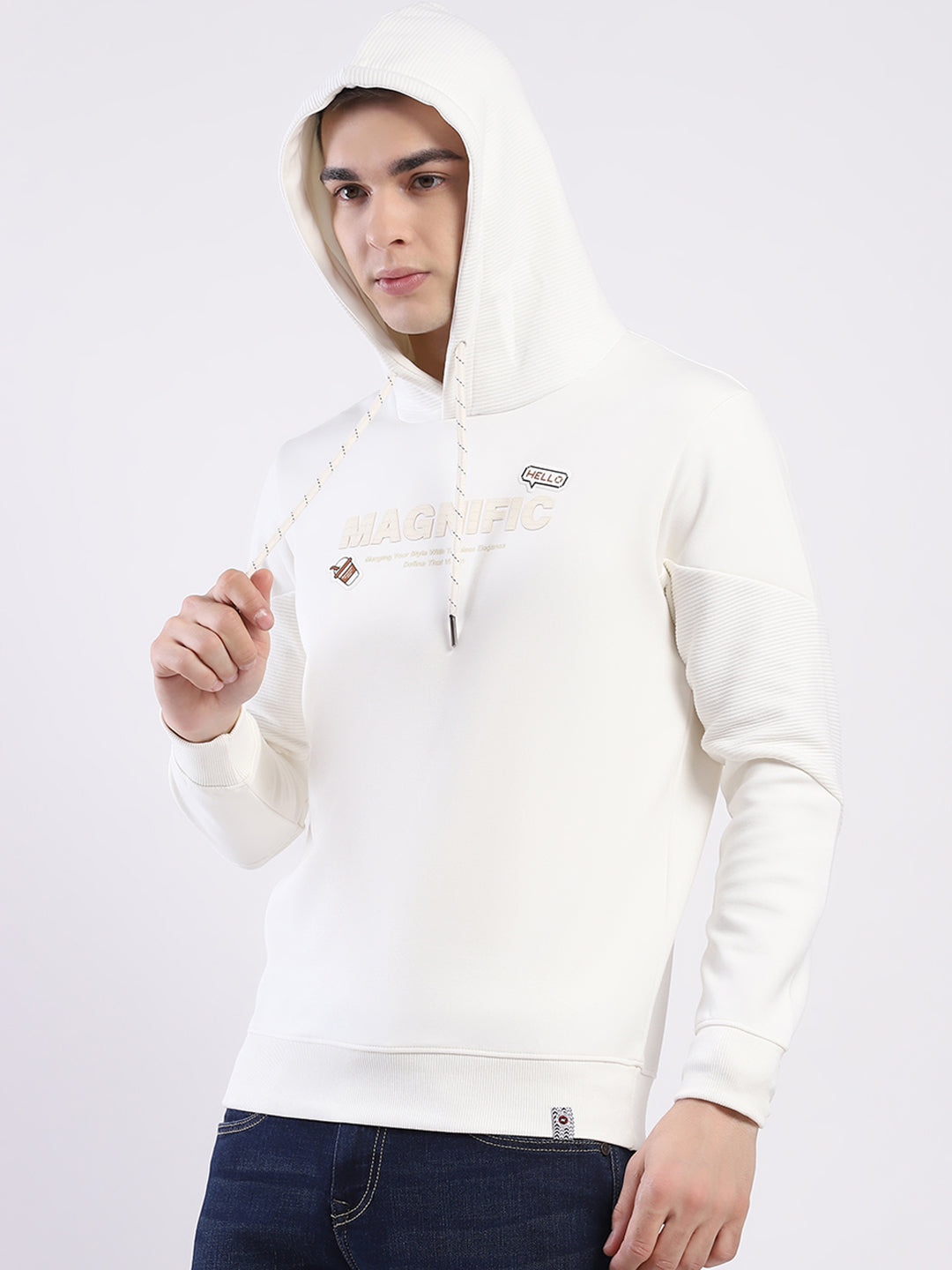 Men Off White Printed Hooded Full Sleeve Sweatshirt