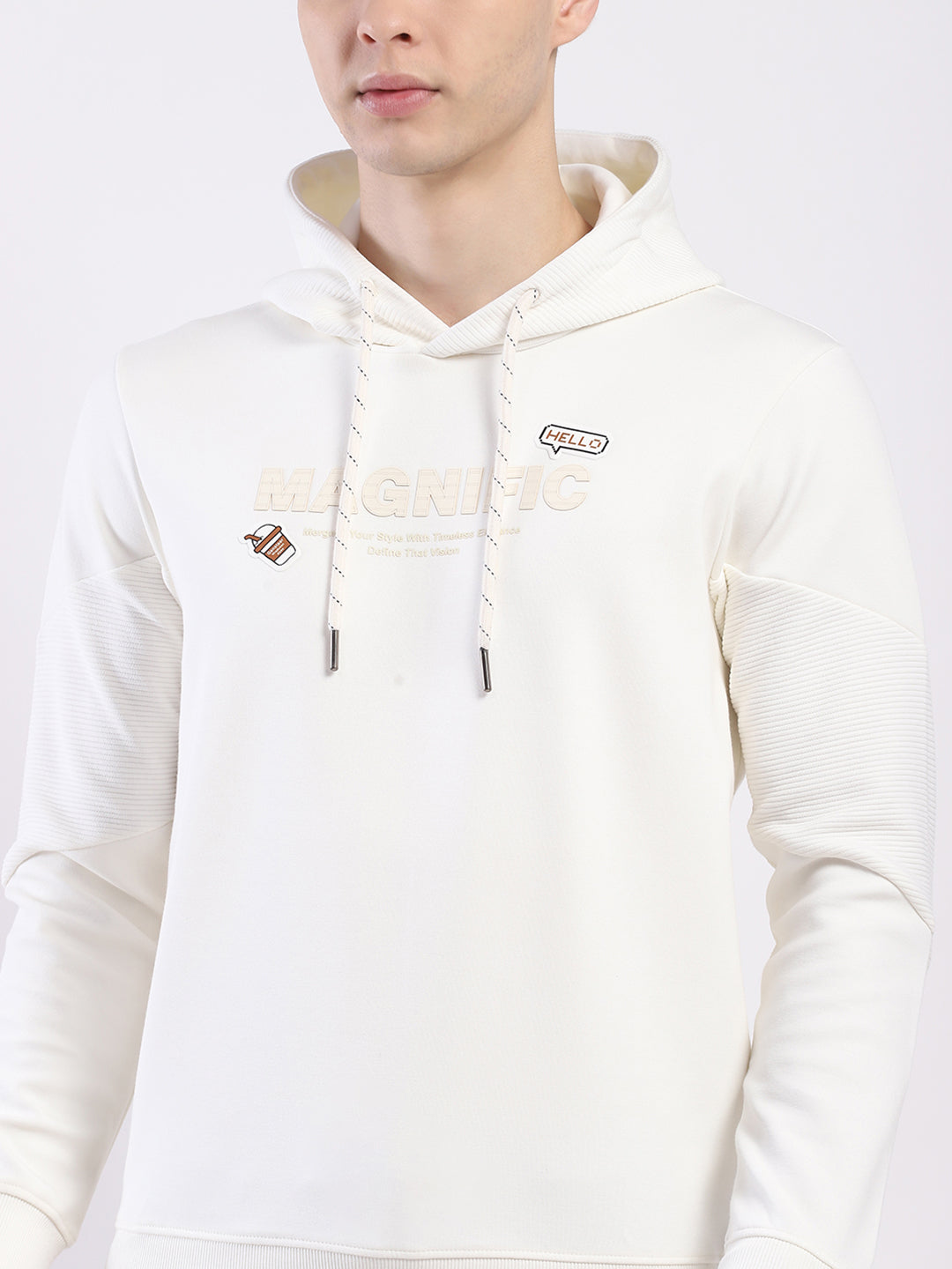Men Off White Printed Hooded Full Sleeve Sweatshirt