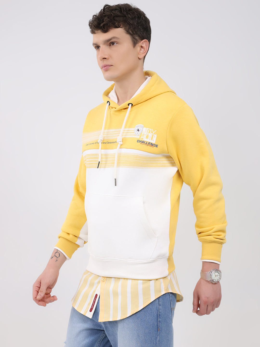 Men Yellow Solid Hooded Full Sleeve Sweatshirt