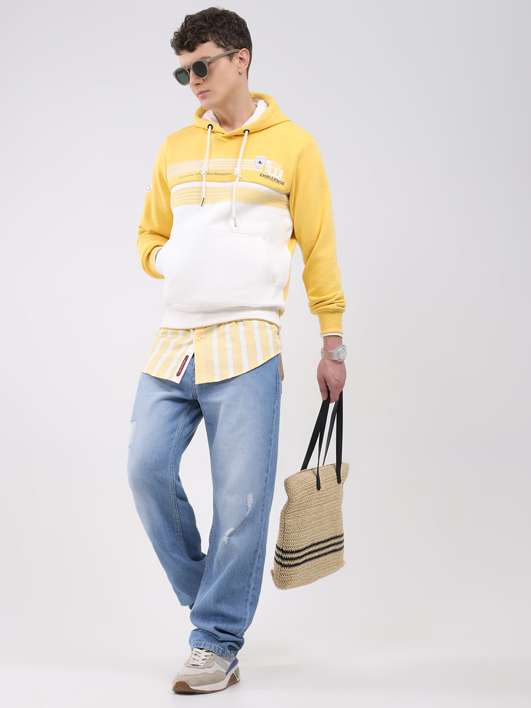 Men Yellow Solid Hooded Full Sleeve Sweatshirt