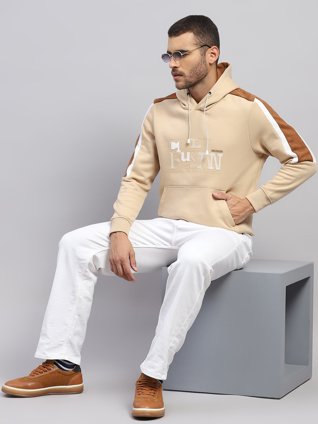 Men Beige Solid Hooded Full Sleeve Sweatshirt