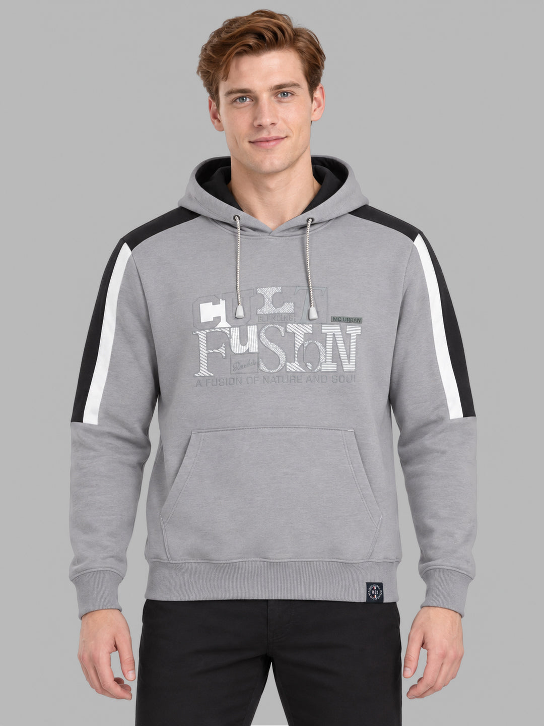 Men Grey Solid Hooded Full Sleeve Sweatshirt