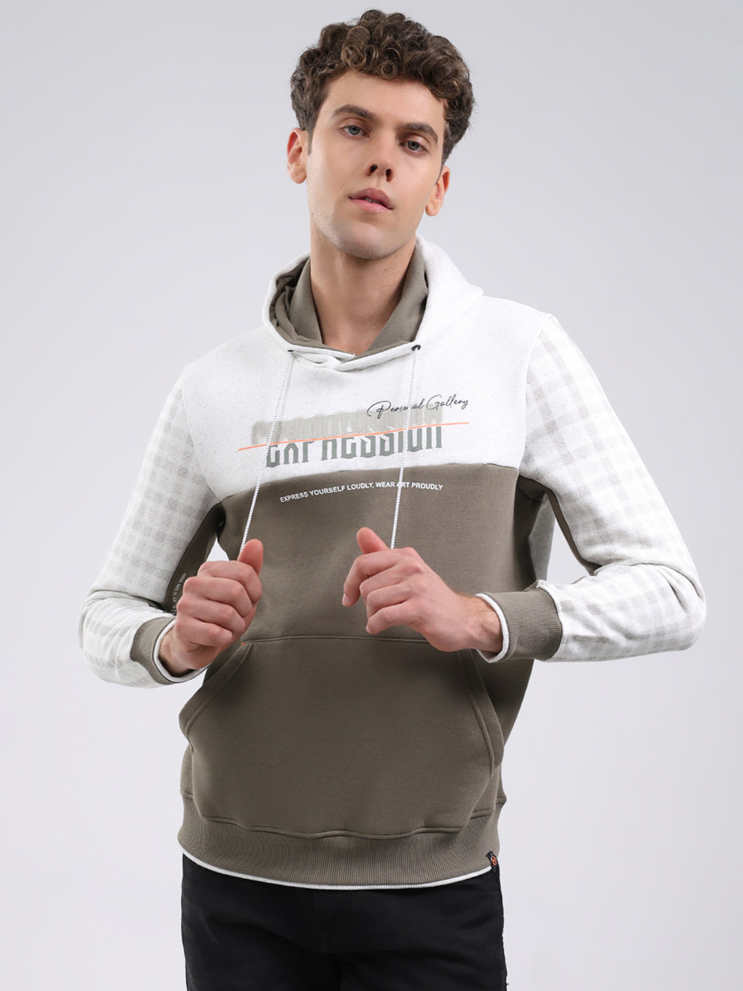 Men Olive Solid Hooded Full Sleeve Sweatshirt