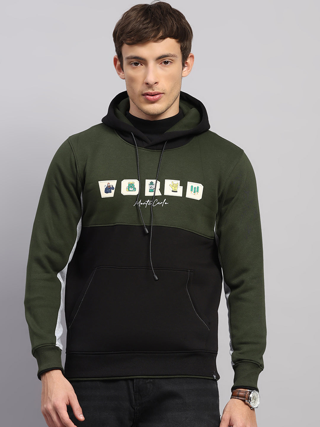 Men Olive Solid Hooded Full Sleeve Sweatshirt