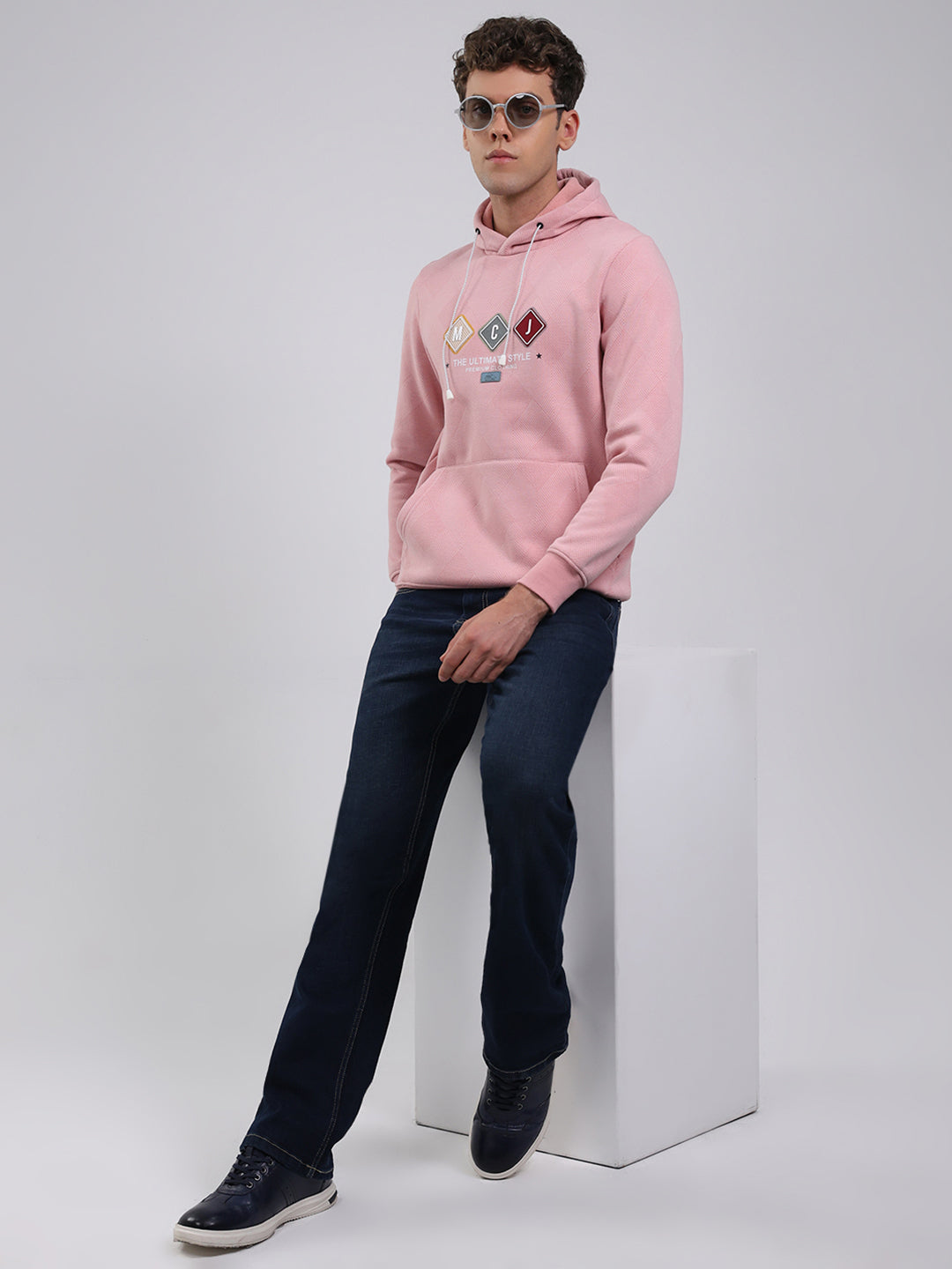 Men Peach Solid Hooded Full Sleeve Sweatshirt