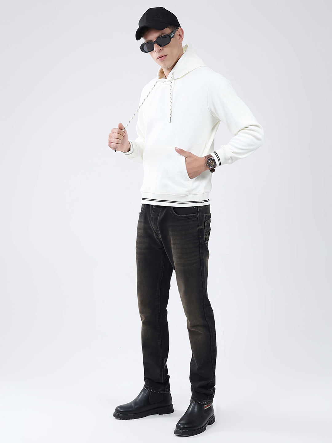Men White Solid Hooded Full Sleeve Sweatshirt