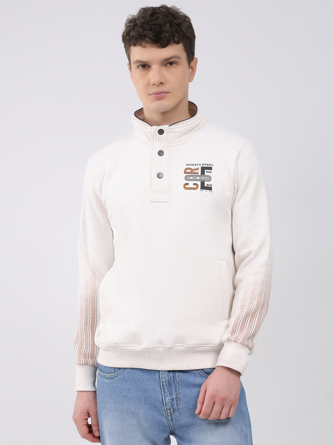Men Off White Printed Mock Neck Full Sleeve Sweatshirt