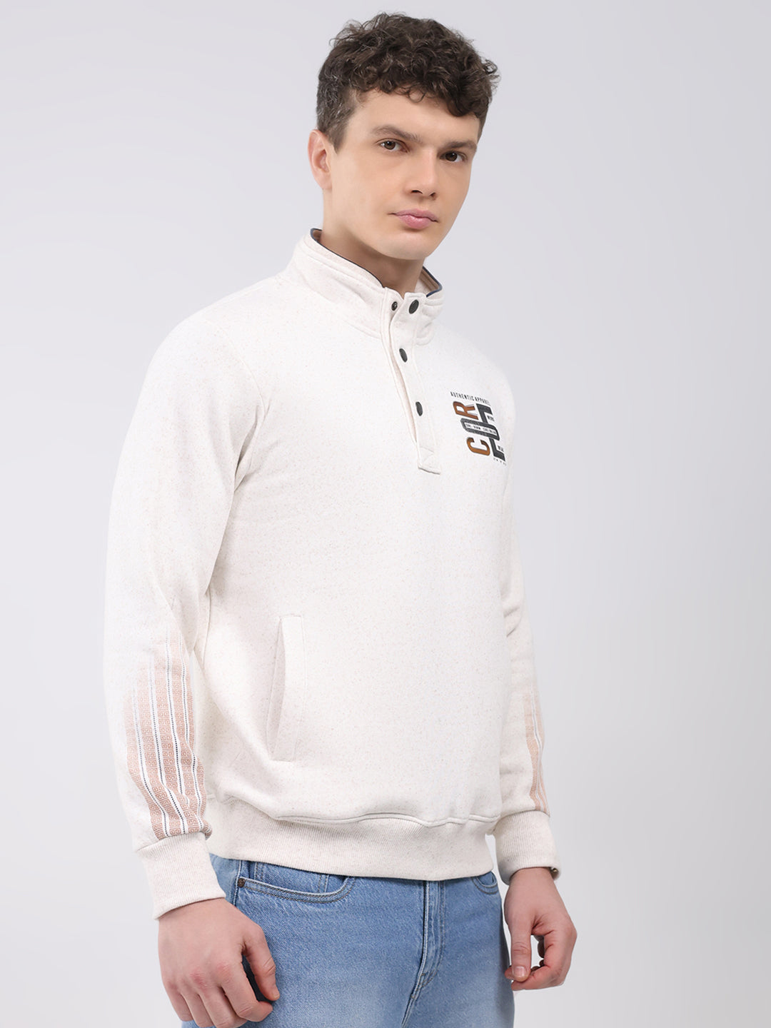 Men Off White Printed Mock Neck Full Sleeve Sweatshirt