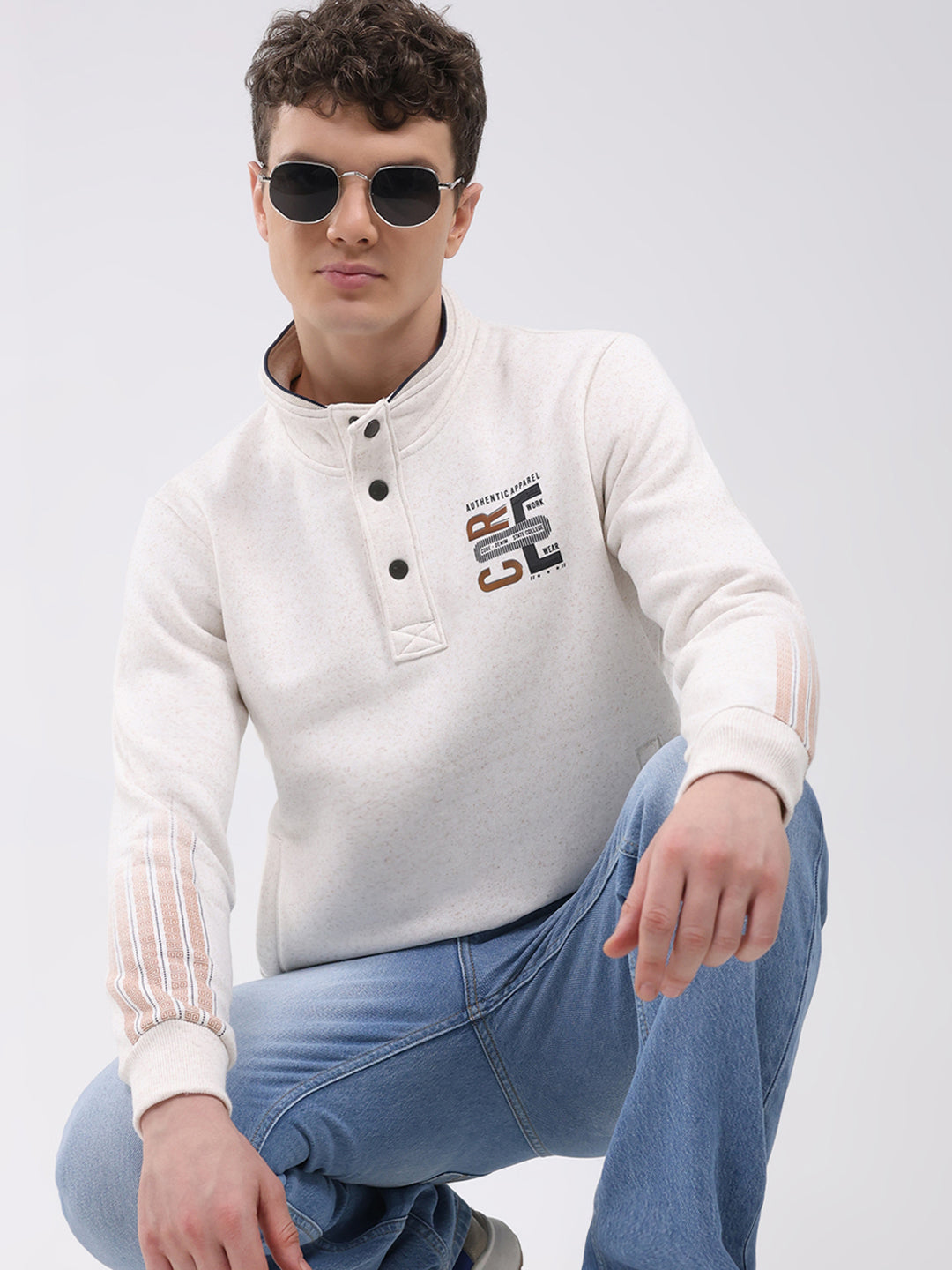 Men Off White Printed Mock Neck Full Sleeve Sweatshirt