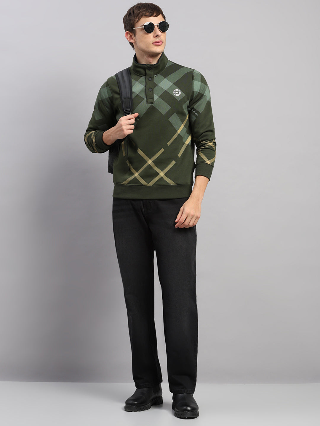 Men Green Solid Collar Full Sleeve Sweatshirt