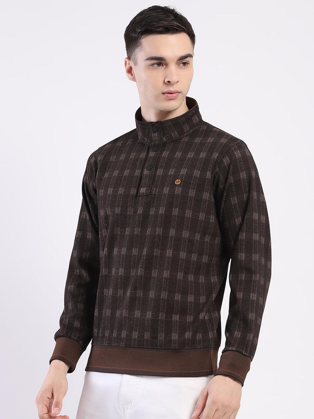Men Brown Printed Mock Neck Full Sleeve Sweatshirt