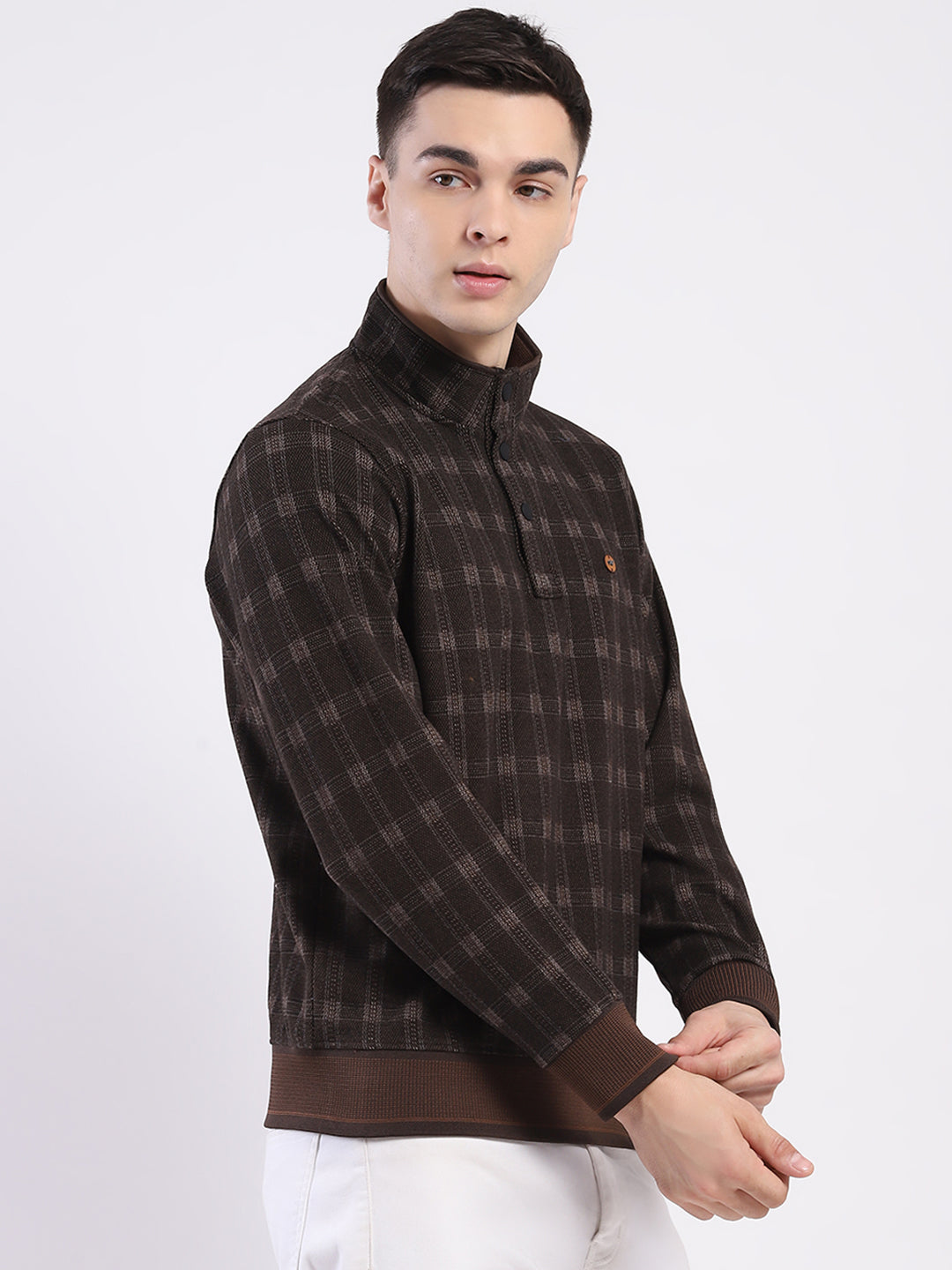 Men Brown Printed Mock Neck Full Sleeve Sweatshirt