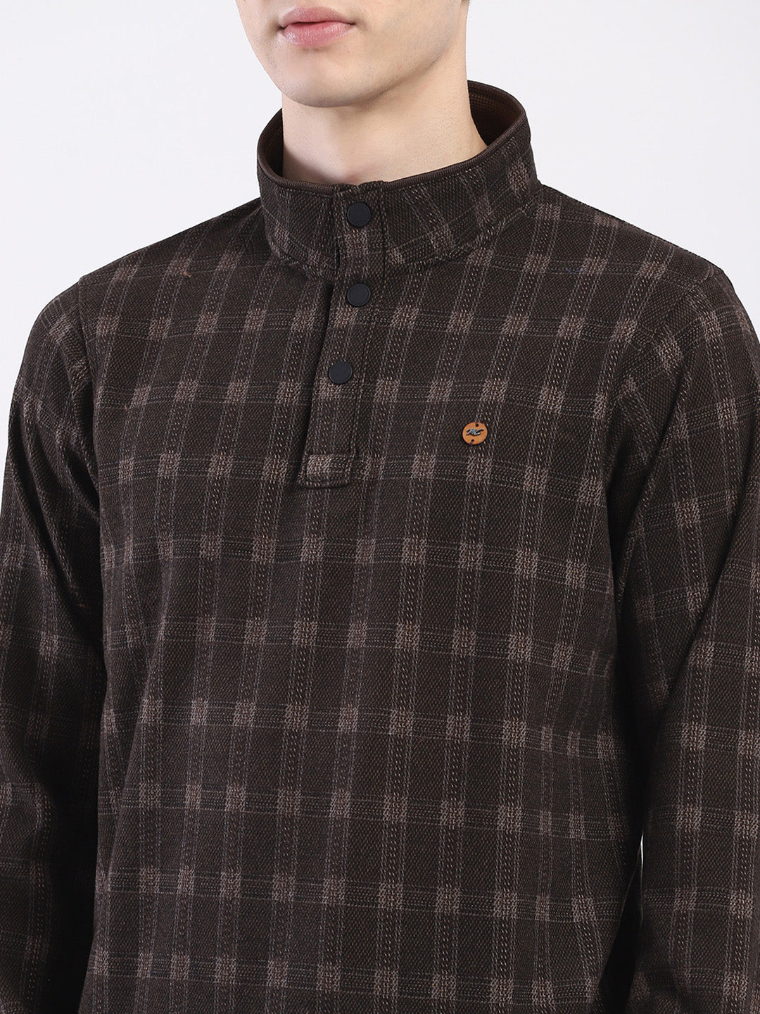 Men Brown Printed Mock Neck Full Sleeve Sweatshirt