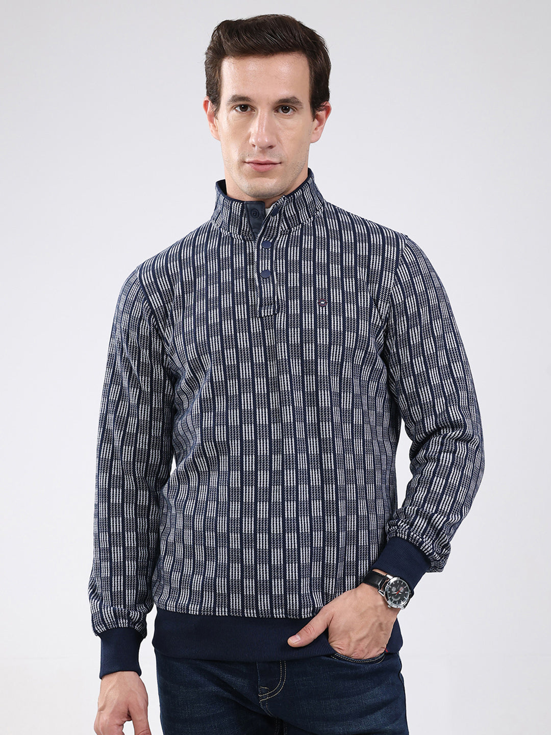 Men Navy Blue Solid Band Neck Full Sleeve Sweatshirt