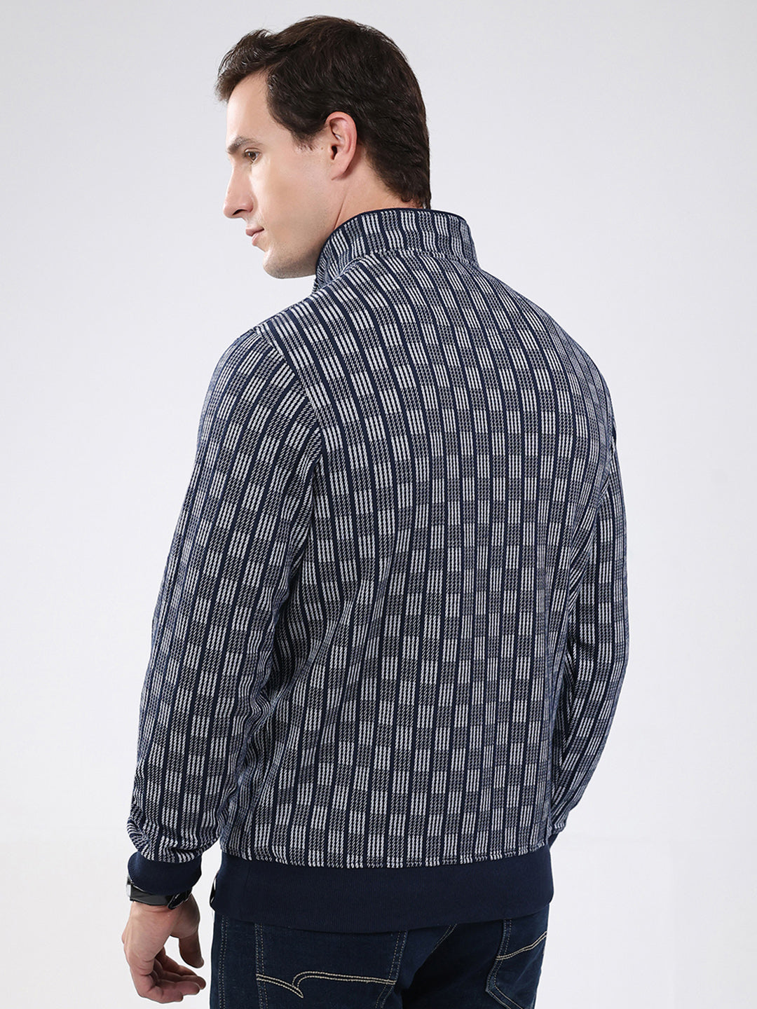 Men Navy Blue Solid Band Neck Full Sleeve Sweatshirt