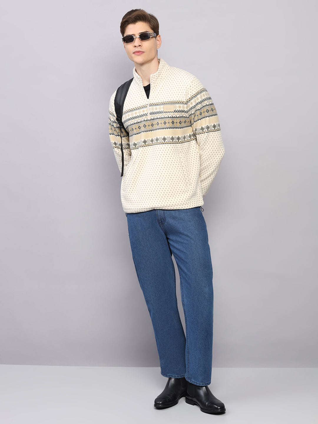 Men Beige Solid Collar Full Sleeve Sweatshirt